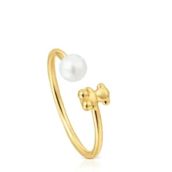 Anillo abierto oso de oro y perla cultivada Bold Bear