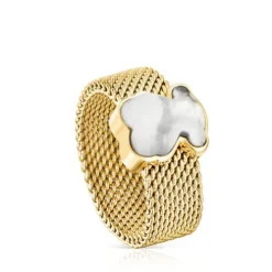 Anillo de acero IP dorado y howlita facetada motivo oso Mesh Color