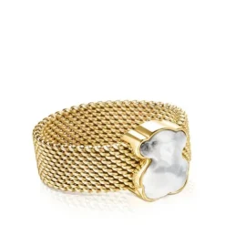 Anillo de acero IP dorado y howlita facetada motivo oso Mesh Color