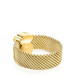 Anillo de acero IP dorado y howlita facetada motivo oso Mesh Color
