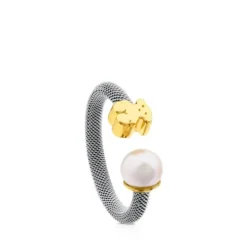 Anillo de acero y oro con perla cultivada motivo oso Icon Mesh