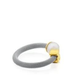 Anillo de acero y oro con perla cultivada motivo oso Icon Mesh