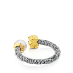 Anillo de acero y oro con perla cultivada motivo oso Icon Mesh