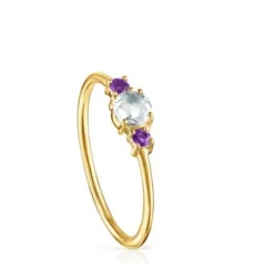 Anillo de oro con prasiolita facetada y amatista  Mini Ivette