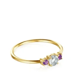 Anillo de oro con prasiolita facetada y amatista  Mini Ivette