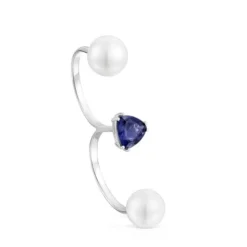 Anillo doble abierto de oro blanco, iolita y perla cultivada Ivette