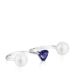 Anillo doble abierto de oro blanco, iolita y perla cultivada Ivette