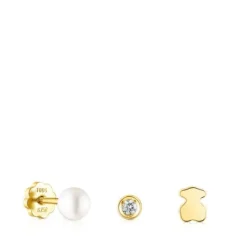 Pack de Piercings de oreja TOUS Pearl de oro con diamante y perla