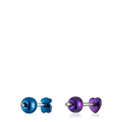 Pack de piercings de oreja de acero IP morado y azul Bickie