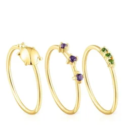 Pack de tres anillos con baño de oro 18 kt sobre plata y gemas Virtual Garden