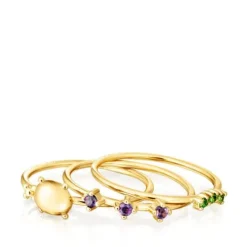 Pack de tres anillos con baño de oro 18 kt sobre plata y gemas Virtual Garden