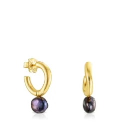 Pendientes aro pequeño con baño de oro 18 kt sobre plata y perla gris Hav