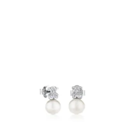 Pendientes botón de oro blanco, perlas cultivadas y diamantes Puppies