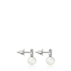 Pendientes botón de oro blanco, perlas cultivadas y diamantes Puppies