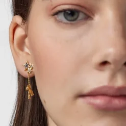 Pendientes corto/largo con baño de oro 18 kt sobre plata y gemas Teddy Bear Stars
