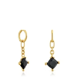 Pendientes de aro largos con baño de oro 18 kt sobre plata y ónix Color Black