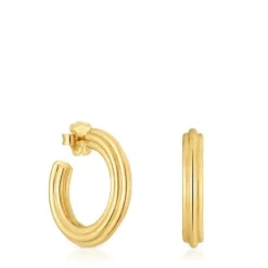 Pendientes de aro largos con baño de oro 18 kt sobre plata y motivo flor TOUS 1950