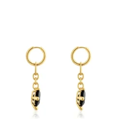 Pendientes de aro largos con baño de oro 18 kt sobre plata y ónix Color Black