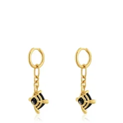 Pendientes de aro largos con baño de oro 18 kt sobre plata y ónix Color Black