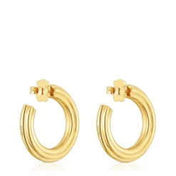 Pendientes de aro largos con baño de oro 18 kt sobre plata y motivo flor TOUS 1950