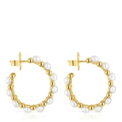 Pendientes de aro triple con baño de oro de 18 kt sobre plata y perlas cultivadas Gloss