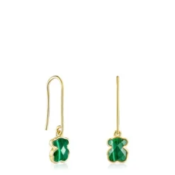 Pendientes largos con baño de oro 18 kt sobre plata y malaquita Icon Color