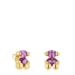Pendientes motivo oso con baño de oro 18 kt sobre plata y zafiro lila creado en laboratorio 13 mm Color Bear LGG