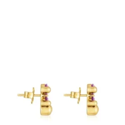 Pendientes motivo oso con baño de oro 18 kt sobre plata y zafiro lila creado en laboratorio 13 mm Color Bear LGG