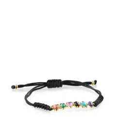 Pulsera con baño de oro 18 kt sobre plata y gemas y cordón negro Glory