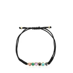 Pulsera con baño de oro 18 kt sobre plata y gemas y cordón negro Glory