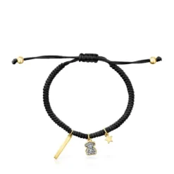 Pulsera con baño de oro 18 kt sobre plata, diamantes y cordón negro Nocturne