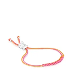 Pulsera de cordón fucsia y naranja con oso de plata Bold Bear