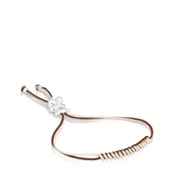 Pulsera de cordón marrón y beige con oso de plata Bold Bear