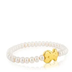 Pulsera elástica de oro y perlas cultivadas motivo oso de 1,15cm, 19cm, Sweet Dolls