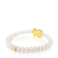 Pulsera elástica de oro y perlas cultivadas motivo oso de 1,15cm, 19cm, Sweet Dolls