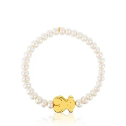 Pulsera elástica de oro y perlas cultivadas motivo oso de 1,15cm, 19cm, Sweet Dolls