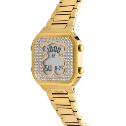 Reloj digital con brazalete de acero IPG dorado y zirconitas D-BEAR