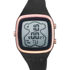 Reloj digital con correa de silicona en color negro y caja de acero IPRG rosado TOUS B-Time
