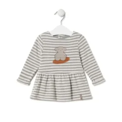 Vestido de niña a rayas con oso Grey crudo